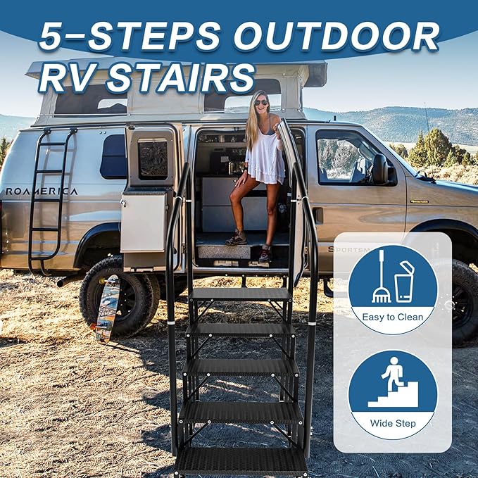 RV Steps, 5-Steps RV Stairs with Handrail Hot Tub Steps Camper Steps, Non-Slip Steps Outdoor Stairs for RV, Trailer, Mobile Home Stairs, Outdoor Spa