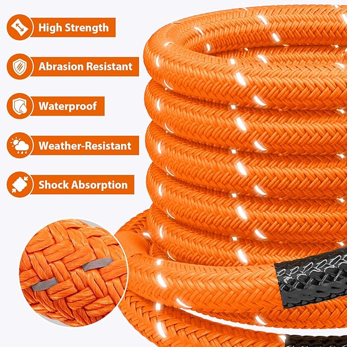 Kinetic Recovery Tow Rope - 1.26" x30FT 55000LBS Reflective Heavy Duty Snatch Strap Kit with Soft Shackles for Offroad Pulling Truck SUV UTV ATV Car Jeep - Orange