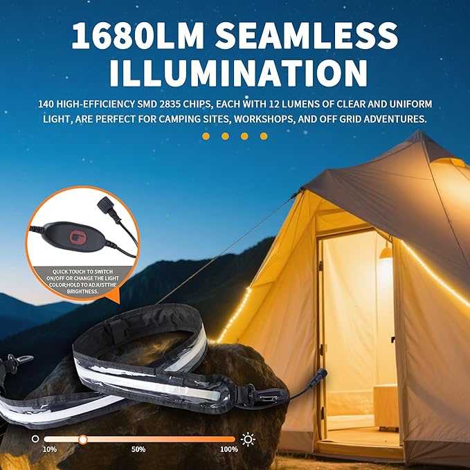 12V 4ft Led Light Strip Dimmable Camping Awning Light with 140 SMD 2835 LED Chips Cabinet Lights, Rv Accessories Waterproof IP67 Multi-Functional Use for Car Tent, Camper Motorhome