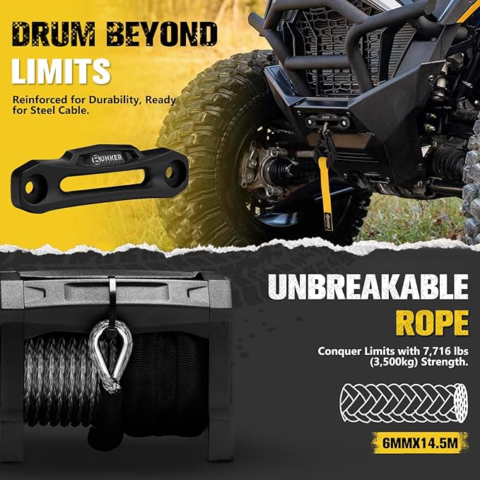 BUNKER INDUST 6500lb Electric Winch 12V Waterproof with Synthetic Rope Hawse Fairlead Kit for Offroad UTV ATV,Recovery Winch with Both Wireless Handheld Remote and Corded Control