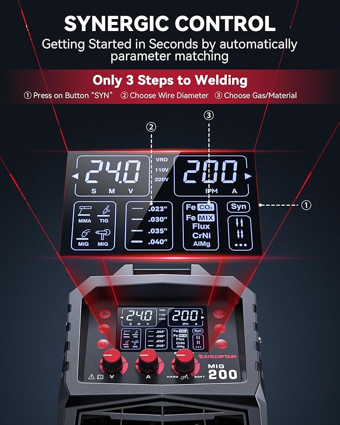 ARCCAPTAIN MIG Welder, 200Amp 6 in 1 Gas MIG/Gasless Flux Core MIG/Stick/Lift TIG/Spot welding/Spool Gun 110V/220V Aluminum Multi Process Welding Machine with LED Digital Display, Burn Back Adjustment