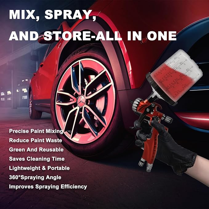 RRJ Disposable Paint Cup Spray Gun Cup, Paint System for LVLP and HVLP Spray Gun Kit 600 ML Mixing Cup with 50 Cups Liners and Lids, 1 Hard Cup with Retainer Ring, 2 Cup Adapter, Stirrer