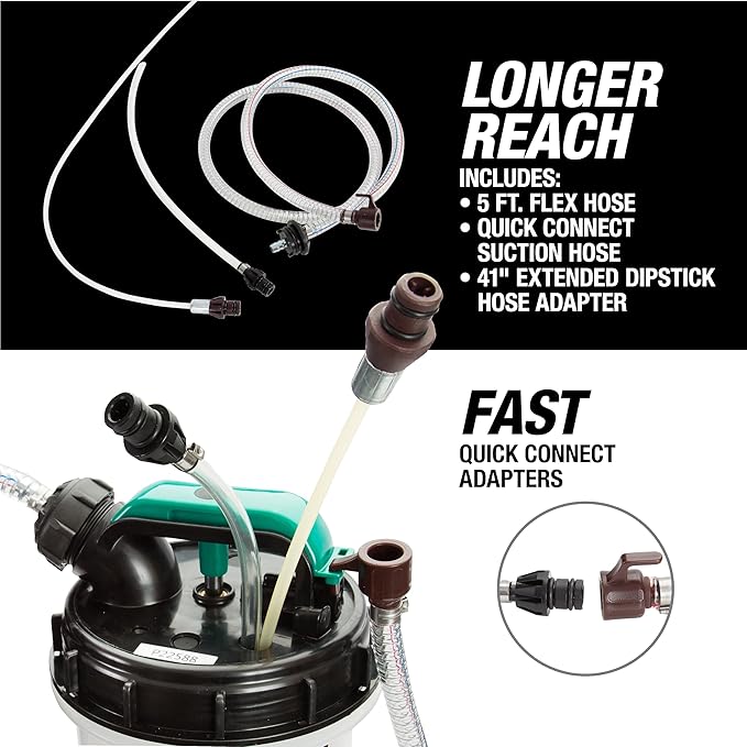 OEMTOOLS 24937 Pneumatic/Manual Fluid Extractor, 1.5 Gallon (6L) Oil Extractor Pump, For Coolant, Transmission, and Power Steering Fluid, 2 Dipstick Adapters, 5ft Hose