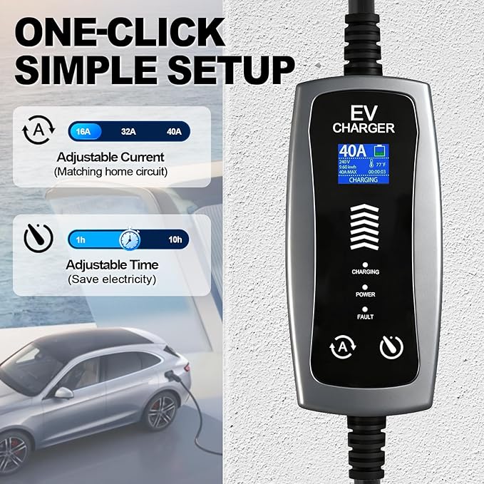 Level 2 Portable EV Charger, 16 to 40 Amp, 240 Volt, 25ft Cable, Portable EV Charging Cable Faster Charging Station, Electric Vehicle Charger Compatible with All EV Cars NEMA 14-50