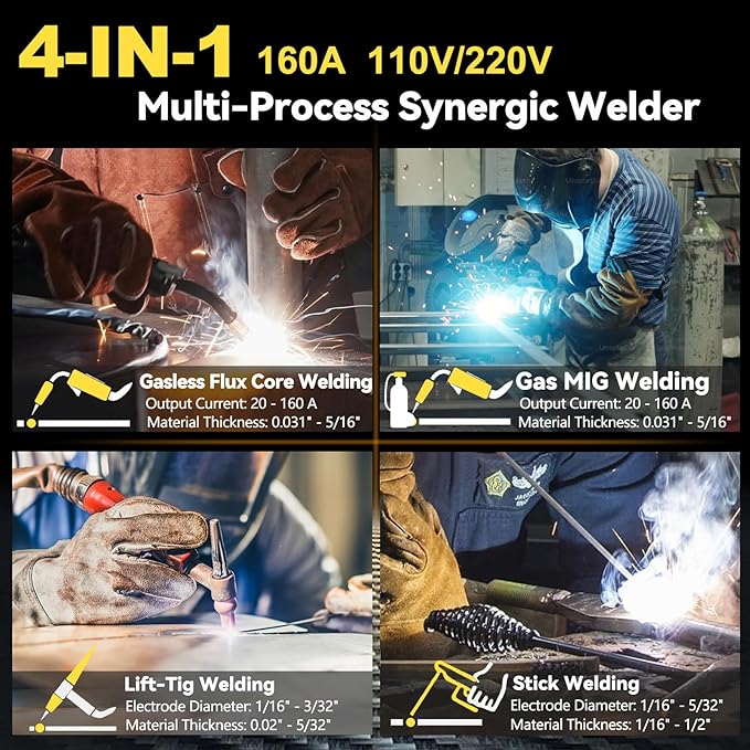 160A 4-in-1 AI Welding Machine: Dual Voltage 110V/220V Gas MIG/Flux Core/Lift TIG/Stick Welder – Smart Synergic Control IGBT Inverter HD LED Display for Home Repair Auto Restoration Metal Fabrication