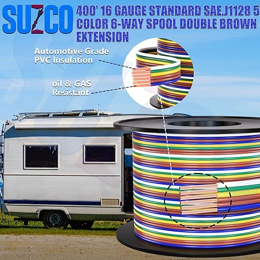SUZCO 400Ft Enough 16AWG CCA【2-Brown-Wires】 5 Color-Coded 5-Way 6-Wire Bonded Trailer RV Camper Towing Hitch Wiriing Spool, 6-Flat Wishbone SAE J1128 for All Basic Wire Trailers
