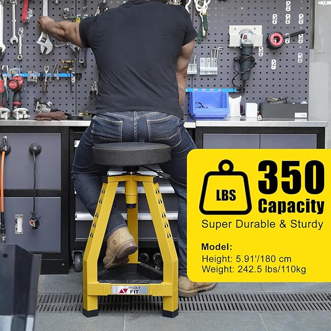 Adjustable Tall Shop Stool, Mechanic Garage Bar Stool Chair, Work Metal Chair for Workshop,360° Swivel Padded Seat, Tool Tray Storage, 350 LBS Capacity, Heavy Duty, Yellow