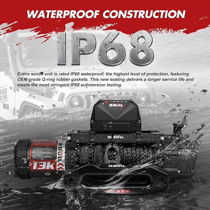 X-BULL Electric Winch 13000 lb. Load Capacity with 79ft Synthetic Rope and Hawse Fairlead 12V IP68 Waterproof, Wired and Wireless Remote for 4WD 4x4 Off-Road Vehicle Truck Jeep