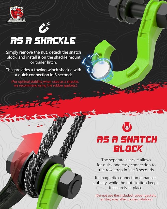D Ring Separate Shackle with Snatch Block 2 Set, 3/4" Shackles w/Snatch Block Pulley, Heavy Duty Shackle for Towing Winch, Pulley for Off-Road Vehicle Recovery, Truck, ATV, UTV, Blackgreen