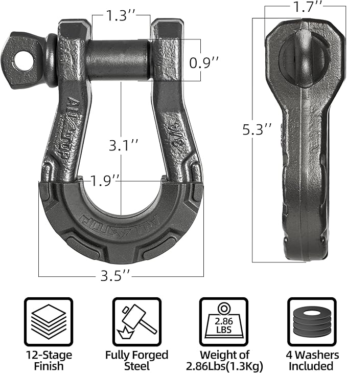 ALL-TOP D Ring Shackle (2 Pack) 3/4" Fully Forged with 7/8 Pin, 79500Lbs Break Strength & 9Ton Work Load, Impact Resistant by Extreme E-Coat