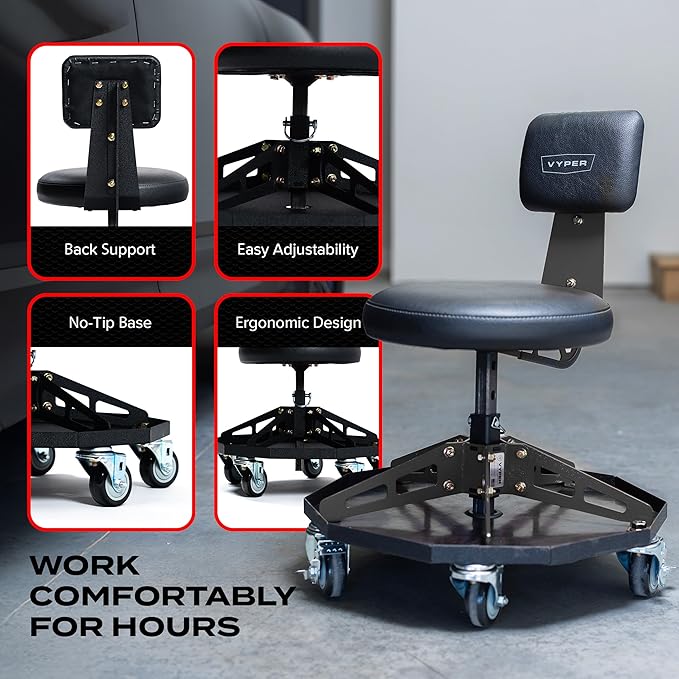 Vyper Robust Steel Sport Shop Chair for Mechanics, Automotive, DIY - 300 lb Capacity Garage Stool with Backrest & Large Wheels (Black Seat, Black Frame)