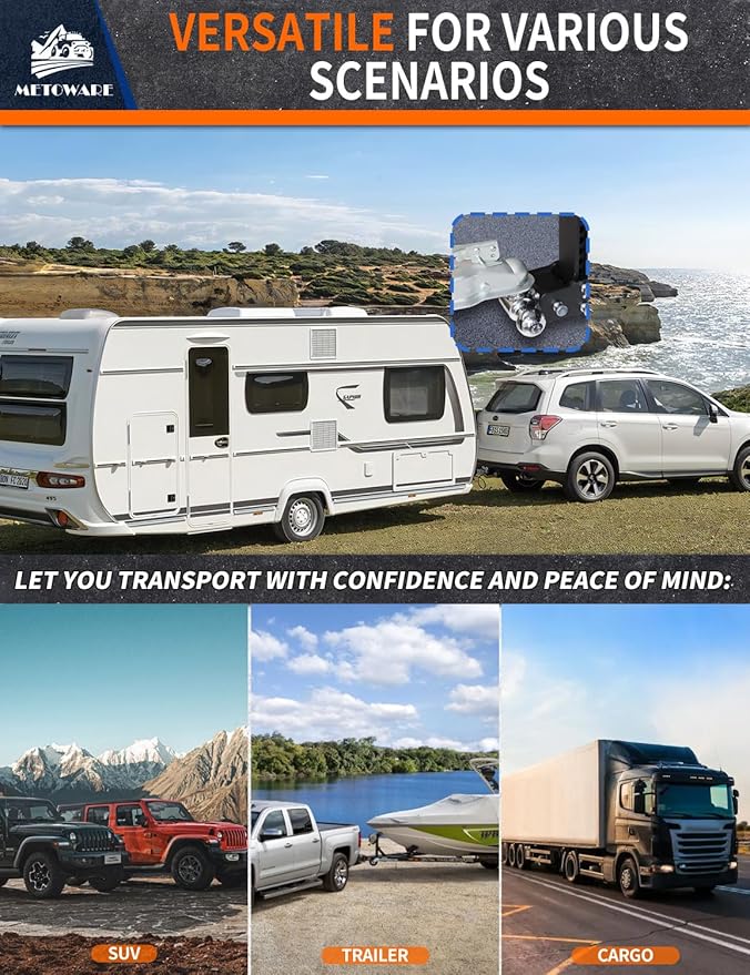 METOWARE Adjustable Trailer Hitch Ball Mount-Fits 2.5" Receiver-Heavy Duty Drop Hitch, Tri-Ball (1-7/8" x 2" x 2-5/16") 8" Drop/Rise, 18,000 GTW and Anti-Theft Stainless Steel Lock