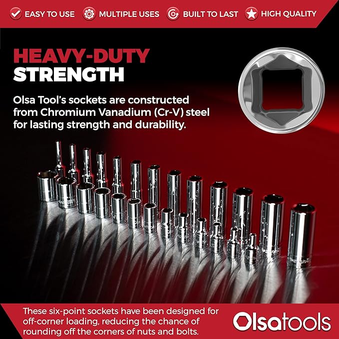 Olsa Tools SAE Shallow Socket Set - 3/8-Inch Drive, 13pc - 6-Point Chrome Sockets 1/4" to 1" and No Skipped Sizes - Mechanic Shallow SAE Socket Set - Professional Grade Short Sockets - Part: 1333