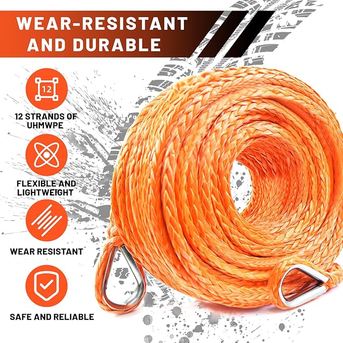 Winch Rope Extension, 1/4'' x 50ft 10,000Lbs Synthetic Winch Extension Rope, Winch Extension Line for Off Road Vehicle ATV UTV (Orange)