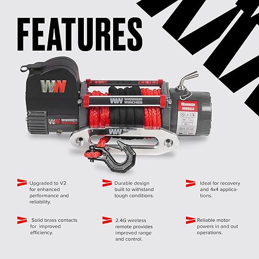 Warrior Winches Samurai 10000 lbs 12V Electric Winch with Synthetic Rope - Powerful Electric Winch for Trucks - 10000 lbs Load Capacity - Wireless Remote Included