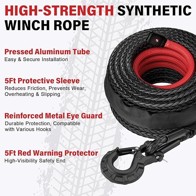 Synthetic Winch Rope Kit - 3/8" x 100' 27000 lbs Synthetic Winch Cable for ATV UTV Off-Road Vehicles with Forged Hook, Protective Sleeve and Safety Pull Strap - Black