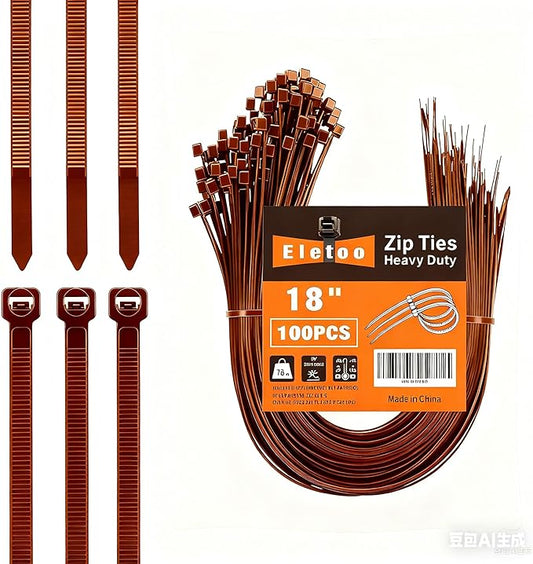100PCS 18 inch Brown Zip Ties Heavy Duty, 75LBS Tensile Strength, Self-Locking Heavy Duty UV Resistant Cable Ties for Indoor and Outdoor Use