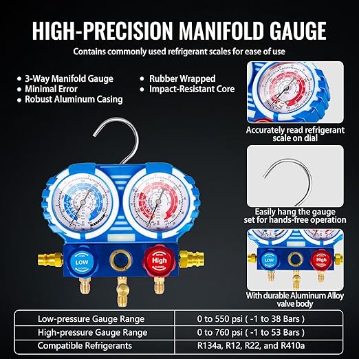 4.5 CFM AC Vacuum Pump and Gauge Set,for Mini Split/HVAC/Auto Systems,Manifold Gauge Kit fits R134a R12 R22 R410a,with Leak Detector,Core Depressor Valves,R134a Can Tap,Storage Case