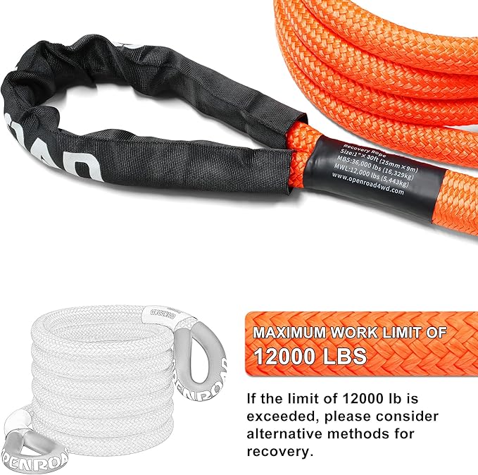 OPENROAD 1" x30ft Kinetic Recovery Rope Heavy Duty Offroad Tow Strap, 35% Elasticity Snatch Rope for Jeep, Truck, ATV, UTV - Orange (Includes Storage Bag)