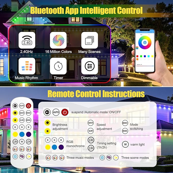 100ft Permanent Outdoor Lights for House, Christmas Lights Outdoor, RGB+IC IP67 Waterproof Smart LED Lights with App/Remote Control for Christmas, Thanksgiving, Halloween, Holiday Decor, Daily, Party