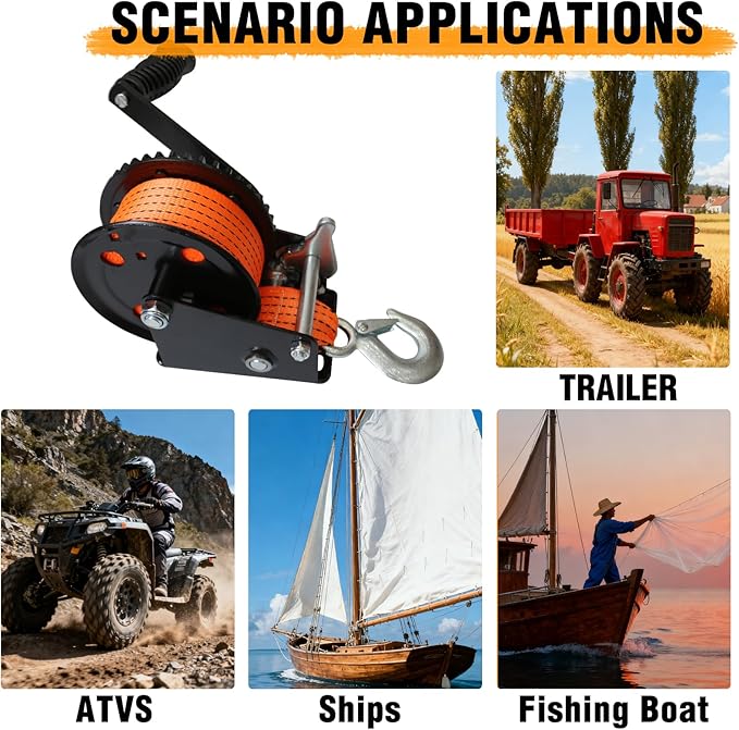 1200LBS Heavy Duty Boat Trailer Winch, 2-Way Ratchet with 4:1Gear, Boat Trailer Winch with 26FT Strap, Portable Hand Crank Winch for Boat, Trailer,Truck, RV, ATV, Jet Ski