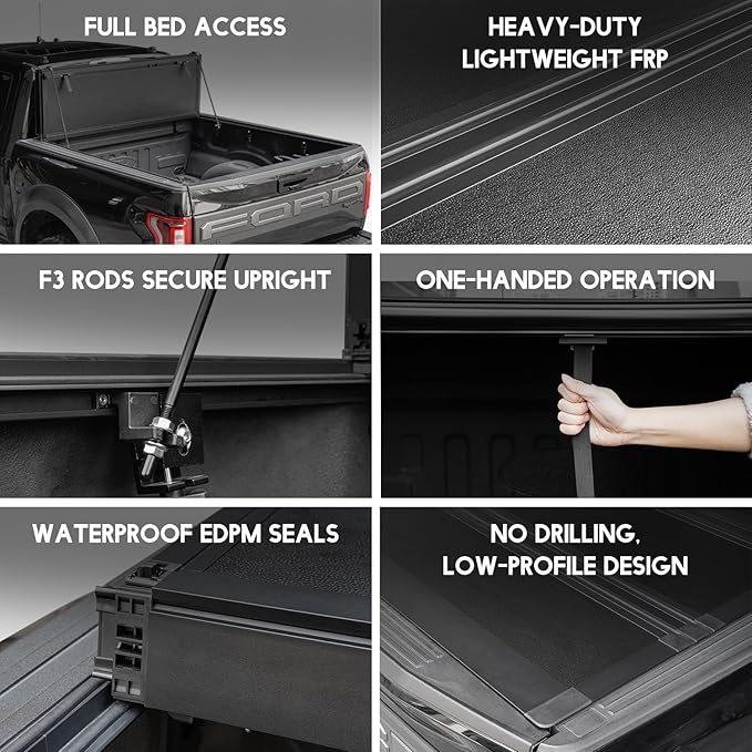 FASTFIT F3 Flip-Up Tonneau Cover for 2020-2025 Silverado/Sierra 2500 HD 3500 HD with 6.9FT Bed (82.2"), not fit Carbon Pro Bed | FRP Hard Folding Truck Bed Cover | No-Drill | 100% Bed Access.