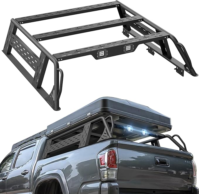 13.3" High Overland Bed Racks Truck Cargo Carrier with 2 LED Lights Compatible with 2016-2025 Toyota Tacoma with Bed Rails, 1000 LBS Truck Rear Ladder Rack Back Cross Bars