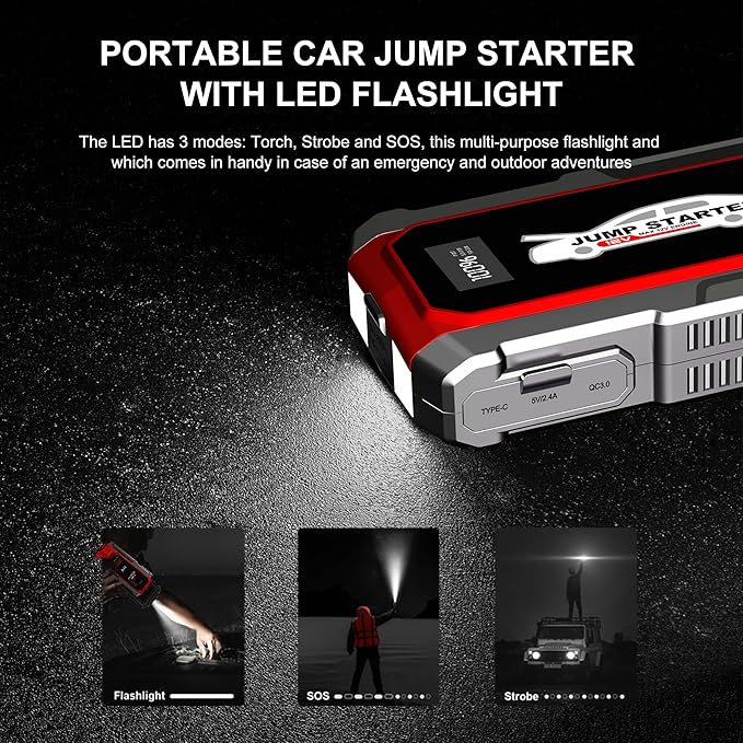 Car Battery Jump Starter 12V Battery Booster Pack 4000A Portable Jump Starter Jump Box with Jumper Cables USB Power Bank Dual Output LED Light