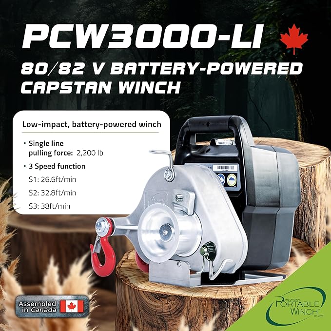Portable Winch PCW3000-Li-A Battery-Powered Capstan Winch with Accessories - 2,200 lbs Pulling Capacity Winch, Lithium-Ion 80/82 V Batteries Powered, for Hunting, Logging, and Towing
