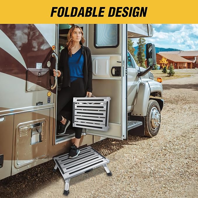 Nilight RV Step Stool Aluminum Folding Platform Steps 19x14.5 RV Steps 4 Levels Adjustable Step Stool with Anti-Slip Surface Rubber Feet Handle Supports Up to 500lbs for Camper Travel Trailer, Silver