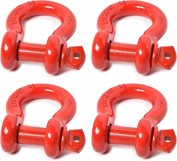 Hi-Gear (4 PK, Red) Bow Shackles 3/4" D Ring Shackle Rugged Unbreakable 28.5 Ton (57,000 Lbs) Maximum Break Strength with 7/8'' Pin Bow Screw Heavy Duty D Ring for 4x4 Vehicle Recovery.