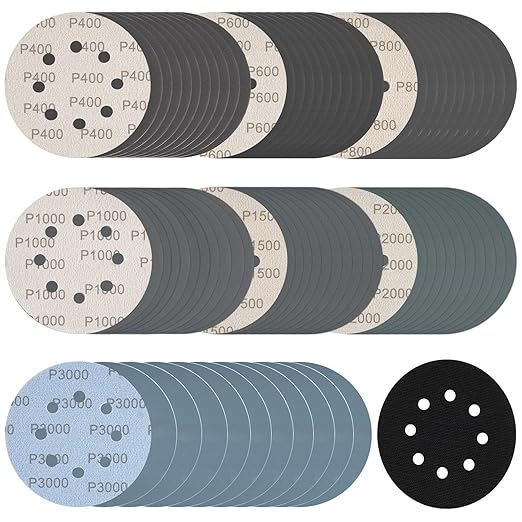140Pcs 5 Inch Wet Dry Sanding Discs Hook and Loop 8 Holes Sandpaper 400/600/800/1000/1500/2000/3000 Assortment Grits for Orbital Sander Automotive Wood Metal Polishing
