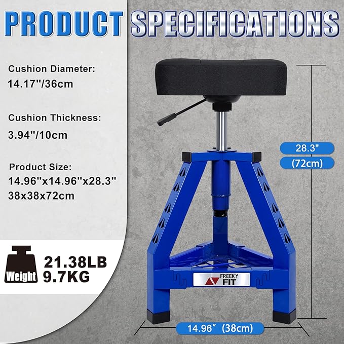 Adjustable Shop Stool,Garage Mechanic Stool Chair,Work Seat for Workshop, Adjustable Height, 360° Swivel Padded Square Seat,Tool Storage, 350 LBS Capacity, Heavy Duty, Blue