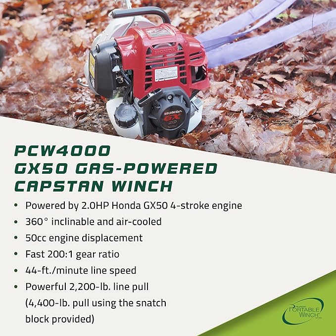 Portable Winch PCW4000-A Gas-Powered Capstan Winch with Accessories - 2,200 lbs Pulling Capacity Winch, Honda GX-50 Engine Portable Gas Winch for Hunting, Logging, and Towing