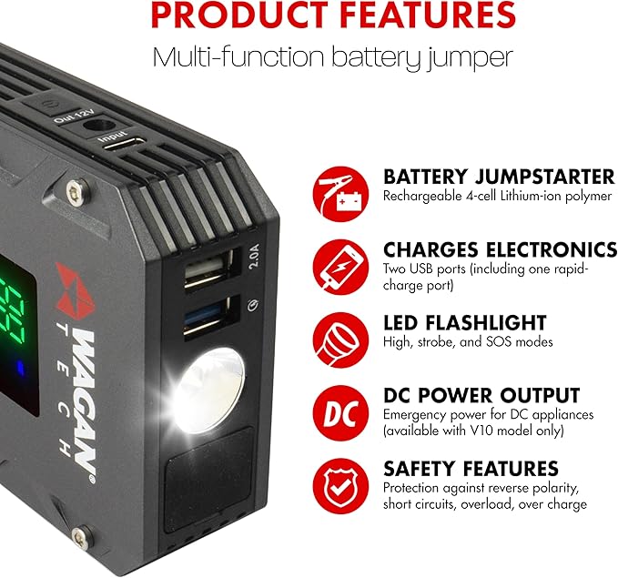 Wagan EL7507 Jump Starter iOnBoost V10 Torque 1000Amp Peak 12V Portable Lithium Car Battery Up to 7.8L V10 or 6.7L Diesel, 12V Jump Pack with Built-in LED Bright Light, UL Certified