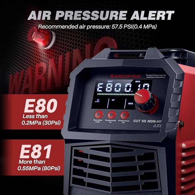 ARCCAPTAIN 55Amp Plasma Cutter, Blowback Non-HF Pilot Arc Plasma Cutting Machine, Large LED Display IGBT Inverter 110/220V Dual Voltage, 3/5" Clean Cut, Mesh Cutting, Rust Removal, PA PT Adjustable