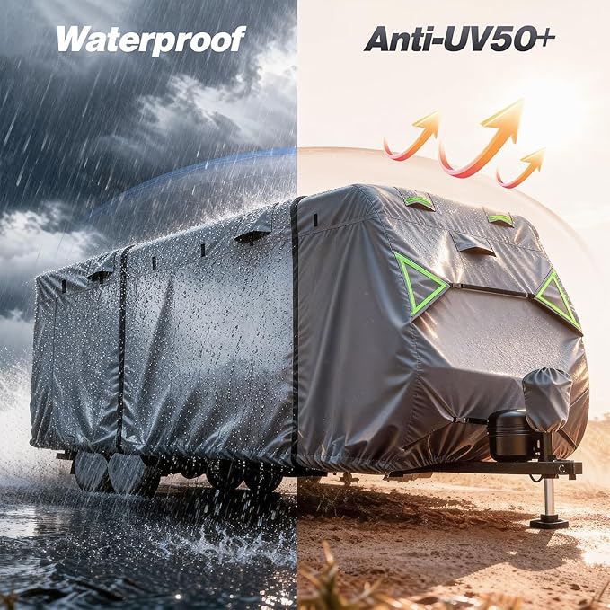 RV Cover, 7 Layers Waterproof Camper Cover with Tongue Jack Cover, Windproof Travel Trailer Cover with Gutter Cover, Fit for 24-27ft