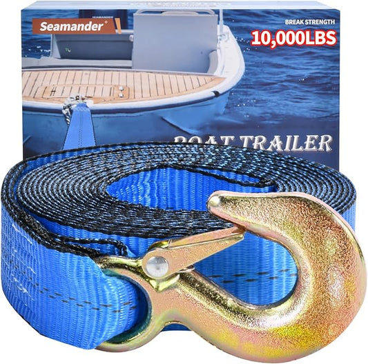 Seamander Trailer Winch Strap 2" x 20' with Safety Hook 10000-pound Break Strength Used for Towing Vehicles, Boats and Jet Skis | Lifetime Replacement