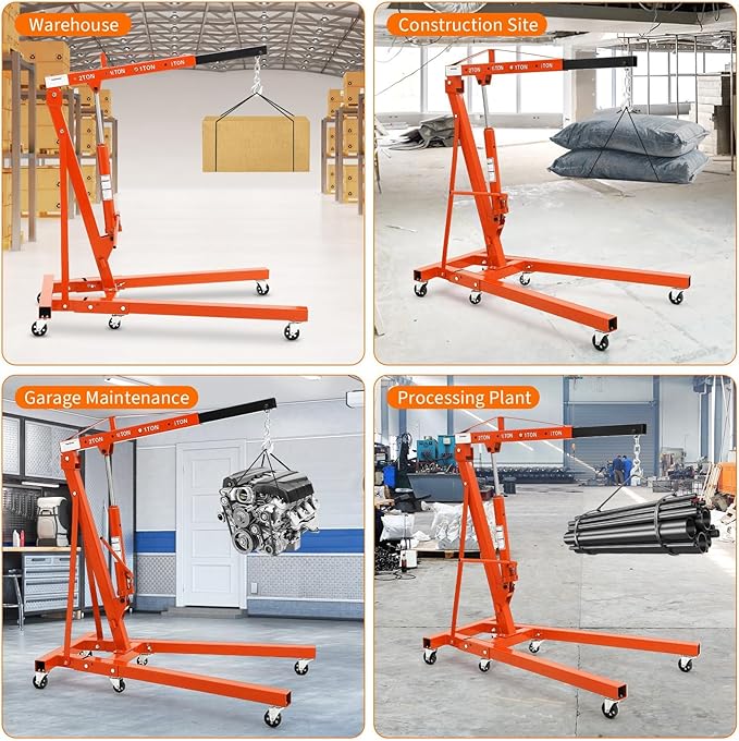 2-Ton Folding Engine Hoist Cherry Picker 4400 Lb Capacity Hydraulic Shop Crane with Telescoping Boom 6 Caster Wheels for Automotive Repair Garage Use Includes Hitch and Storage Stand Orange