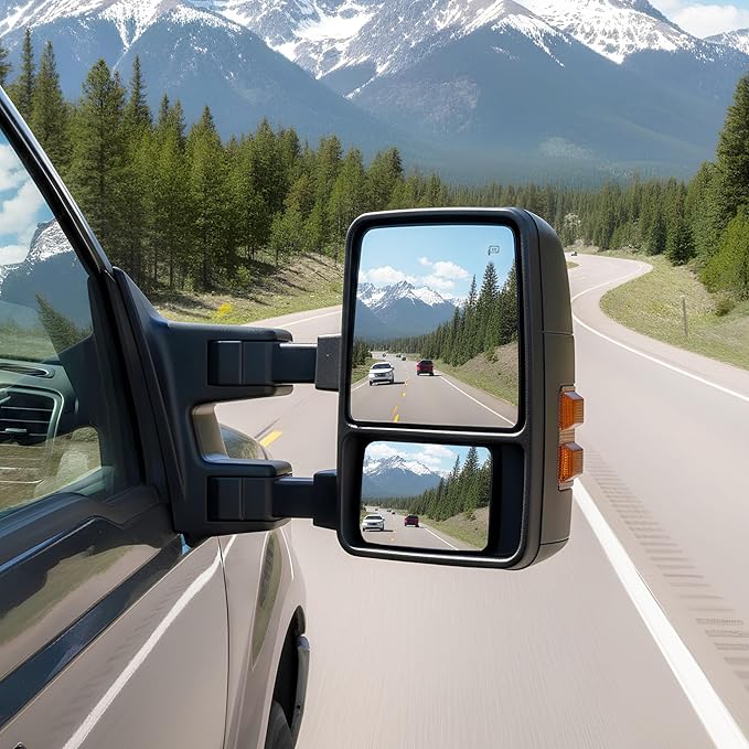 DWVO Extendable Towing Mirrors for Ford F250 F350 F450 F550 Super Duty 1999-2007 & Excursion 2001-2005 - Power Heated with Smoke Signal Lights, Dual Arm Telescoping Design