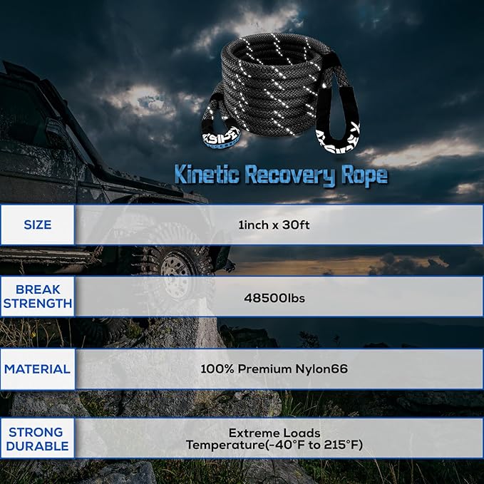 Kinetic Recovery Rope (Reflective) | 1in x 30ft 48,500Lbs Heavy Duty, 35% Elasticity Tow Rope - Offroad Snatch Strap for 4x4 Truck SUV UTV ATV Jeep