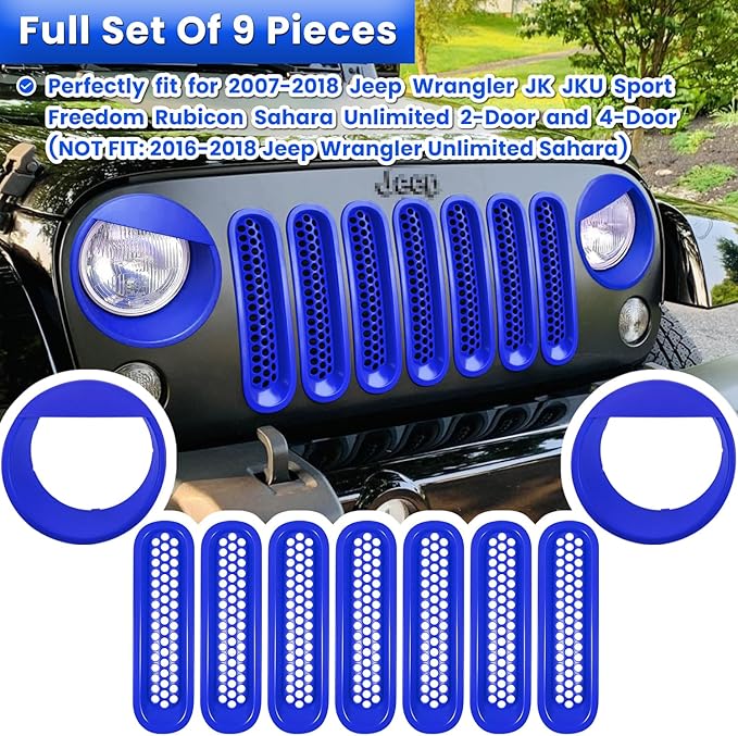 Front Grille Mesh Inserts & Headlight Cover for Jeep Wrangler JK JKU Sport Freedom Rubicon Sahara Unlimited 2007-2018 Exterior Accessories Clip-in Grille Guard Headlight Bezels Trim (Matte Blue)