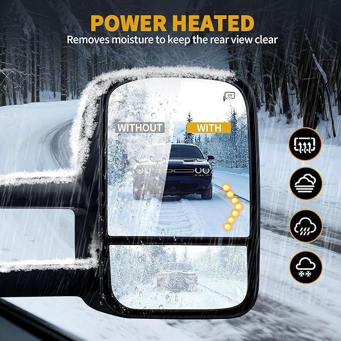 DWVO Power Heated Towing Mirrors for 2007-2013 Chevy Silverado 2500HD/3500HD, GMC Sierra, Avalanche 1500, Suburban 1500/2500, Tahoe, Telescoping with LED Turn Signal, Manual Folding, Black