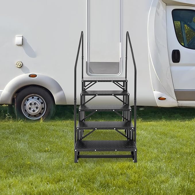 5-Step RV Steps with Handrail, Heavy Duty Carbon Steel Freestanding Outdoor Stairs for RV Camper Mobile Home Pool Hot Tub, Portable Staircase (5 Steps)