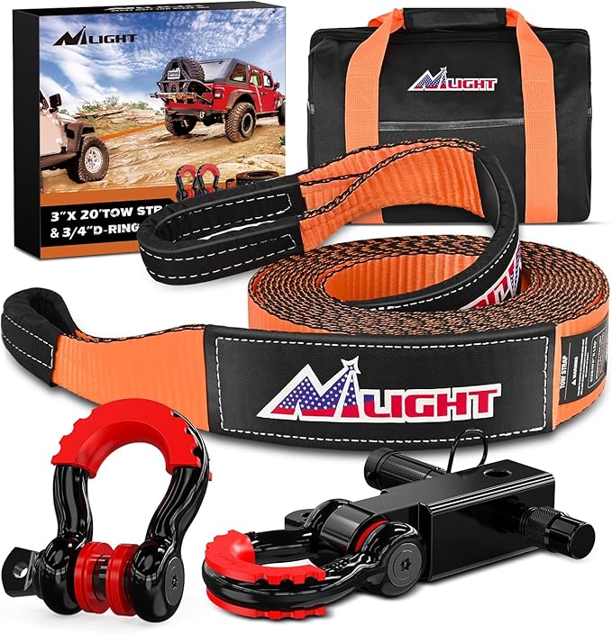 Nilight 3" x 20' Recovery Tow Strap Kit with 2" Hitch Receiver and 3/4" Anti-Theft D-Ring Shackles Storage Bag Heavy Duty Tow Rope for Car Truck SUV ATV (MBS 31500LBS)