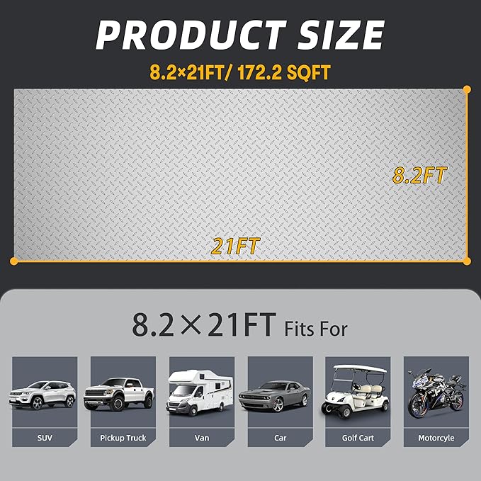 8.2x21 FT Floor Mat, 2.8mm 172.2 SQFT Non-Slip Diamond Plate PVC Garage Shop Parking Mat, Heavy Duty Flooring Roll for Workshop, RV Trailer, Golf Cart, Waterproof. Gray