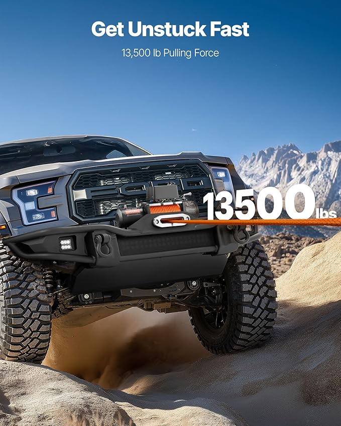 VEVOR 13,500 lb Electric, Truck Winch 12V DC 3/8 in x 80 ft Synthetic Rope Aluminum Fairlead Wireless & Wired Remote Control, 13500 lbs, IP55 Waterproof Towing for Off Road Jeep SUV Boat