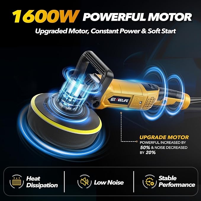 GEVEELIFE Buffer Polisher, 6 Inch/7 Inch 1600W Rotary Car Buffer Polisher Waxer, 7 Variable Speed 1000-3500 RPM, Detachable Handle for Car, Boat Sanding, Polishing, Waxing(Yellow)