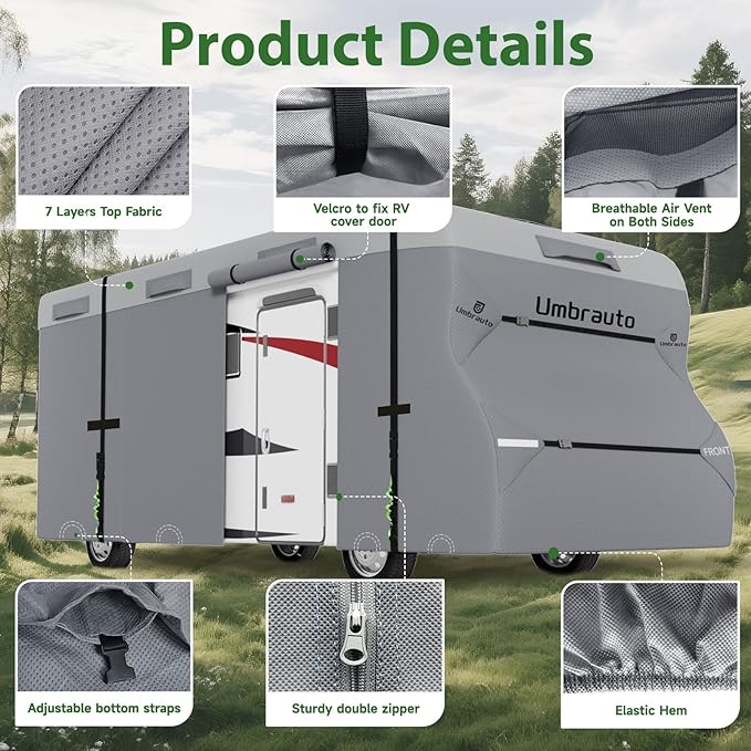 Umbrauto RV Cover Class C Upgraded 7 Layers Anti-UV Top Panel Motorhome Cover Windproof Camper Cover for 23' to 26' Motorhome with 3Pcs Extra Straps, Adhesive Repair Patches, 6 Gutter Covers