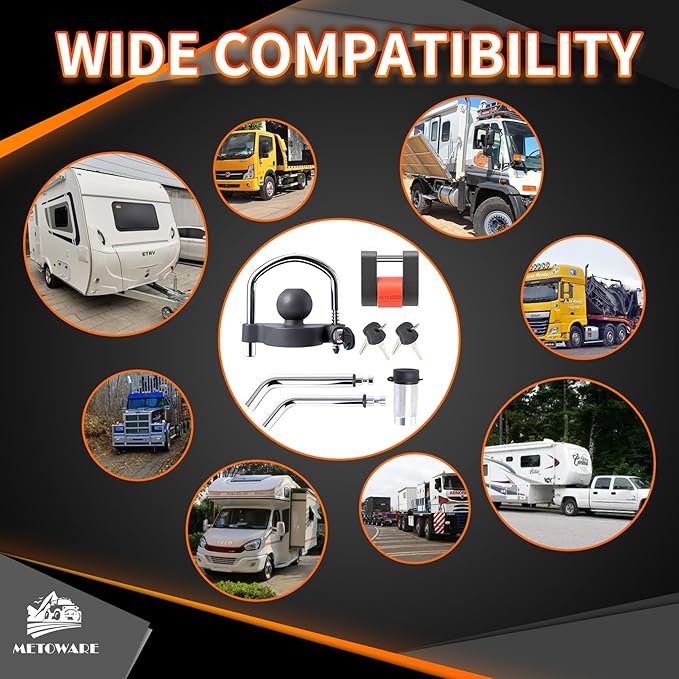 METOWARE Keyed Alike Trailer Hitch Lock Set, Fits 1-7/8", 2'' 2-5/16" Coupler, with 1/2'' and 5/8" Dia Dual Bent Pin Hitch Lock, 1/4'' Dia Span Coupler Lock